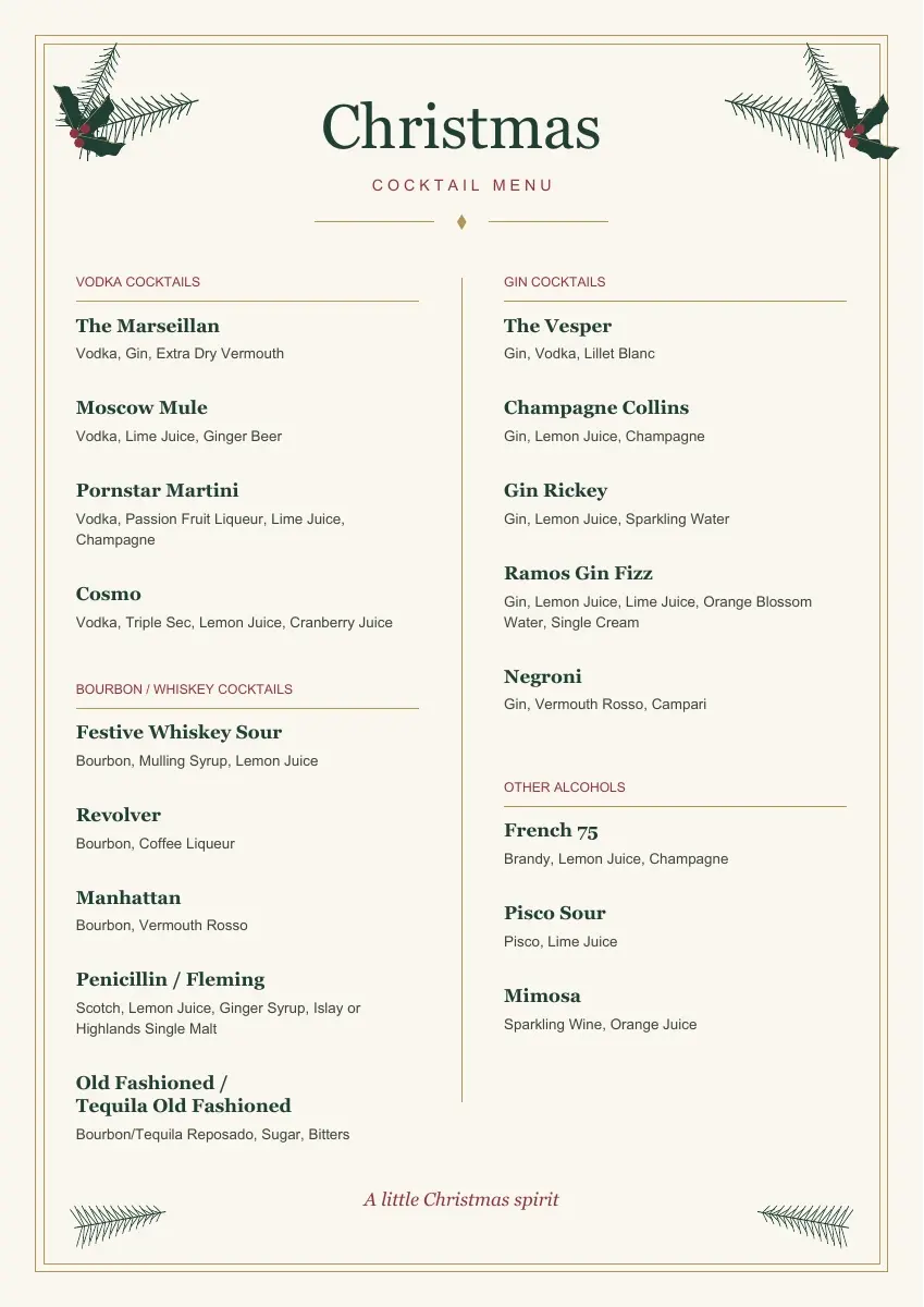 The original Christmas Cocktail Menu, with green lettering and holly corners