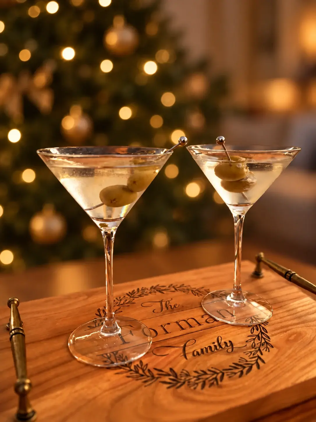 Two olive-garnished cocktails on our Forman family tray, with a softly blurred Christmas tree behind them