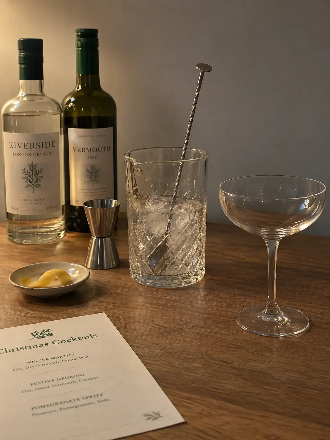 A home cocktail preparation concept: two bottles, mixing glass, coupe and a printed menu on a wooden table