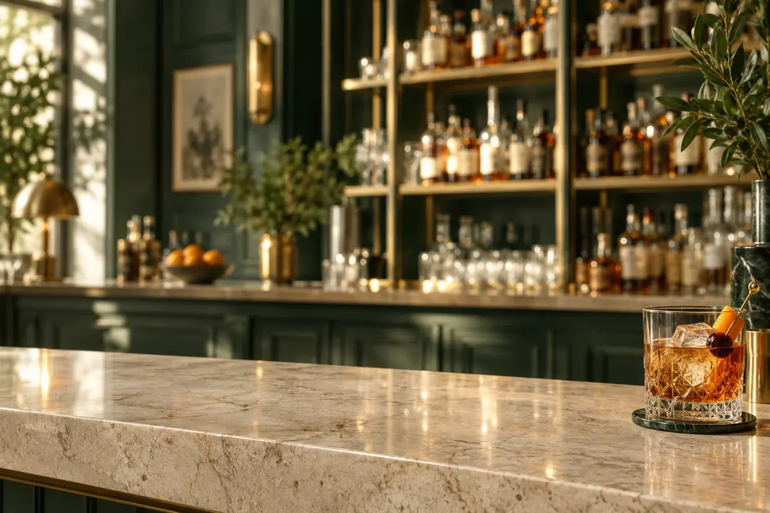 An Old Fashioned on a pale stone counter in a warm, brass-and-green cocktail bar