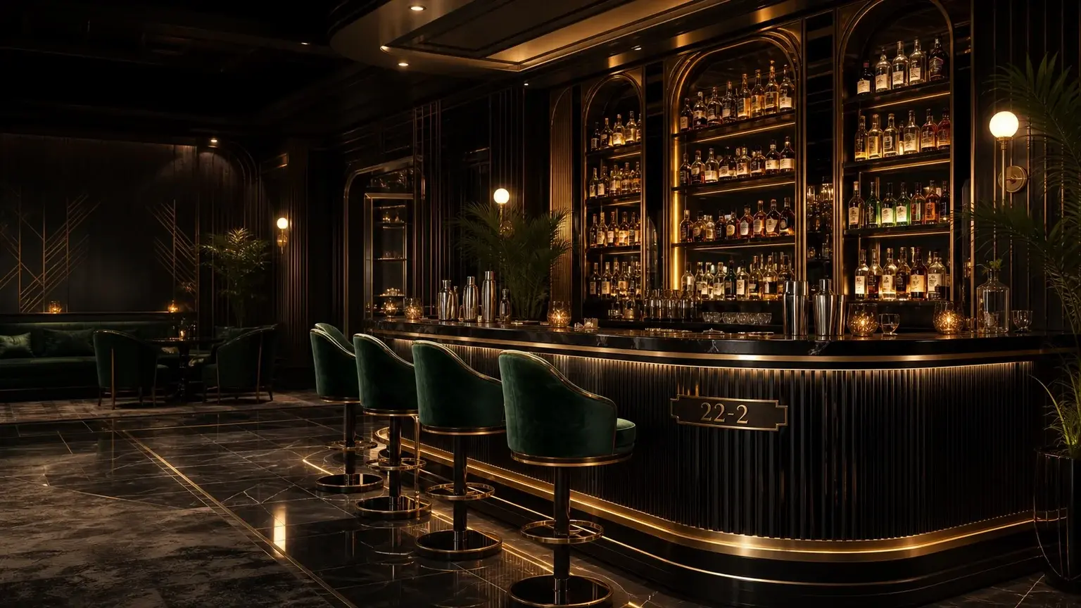 A softly lit speakeasy with brass bottle shelves, dark panelling and green velvet stools